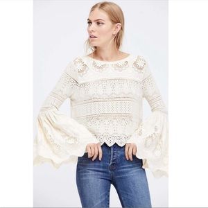 Free People Once Upon a Time Lace Crochet Linen Ivory Bell Sleeve Hobo Top S